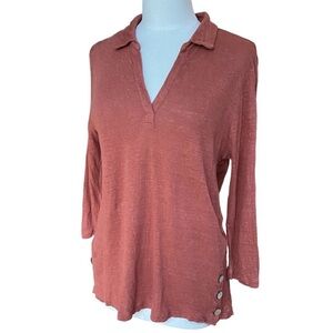 Tahari 100% Linen Popover Wood Buttons Burnt Orange Slub Knit 3/4 sleeves top